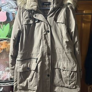 DKNY Women's Beige Utility Jacket with Fur Hood